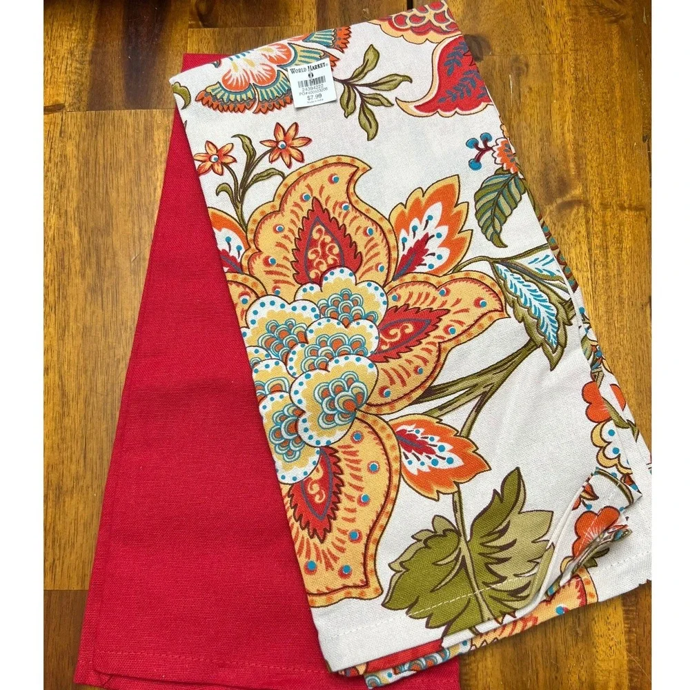 World Market Tea Towels Set of 2 Red Floral Paisley 20x28 Brand New Boho Kitchen